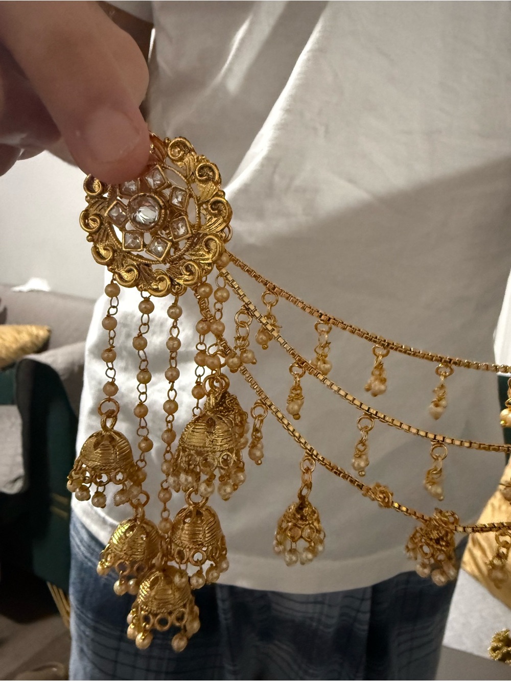 Gold-Tone Jhumka Hair Chain with Pearl Drops - Traditional Women’s Jewelry